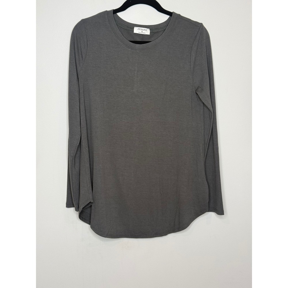 Zenana Womens Charcoal Gray Long Sleeve Crew Neck Curved Hem Top RT-2103D4 M